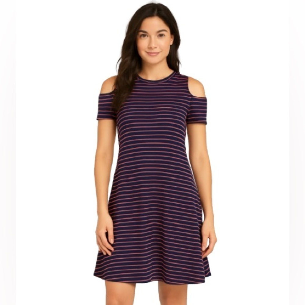 Women's S Sundry Cold Shoulder Jersey Shirt Dress Navy Pink Stripes